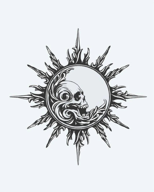 Tatuaje semi-permanente Calavera Sol y Luna diseño de INKON – ilustración de ornamentado, irradiando, llama, rayos, conteniendo, 4 x 4 in (9x9cm), disponible en inkon.co