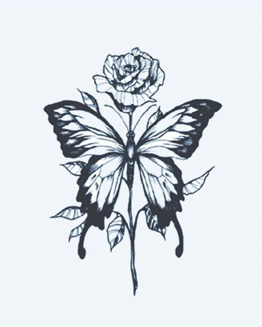 Tatuaje semi-permanente Rosa y Mariposa diseño de INKON – ilustración de delicado, combinando, rosa, flor, mariposa, 3 x 4 in (6x11cm), disponible en inkon.co