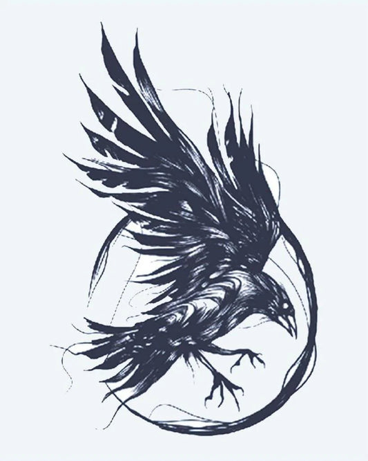 Tatuaje semi-permanente Cuervo en Vuelo diseño de INKON – ilustración de dinámico, cuervo, vuelo, extendido, alas, 4 x 7 in (10x17cm), disponible en inkon.co