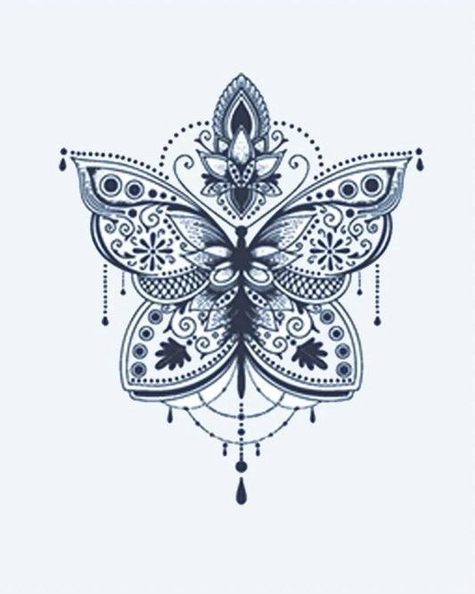 Tatuaje semi-permanente Mariposa Ornamental diseño de INKON – ilustración de mandala, mariposa, loto, flor, acentos, 2 x 2 in (5x5cm), disponible en inkon.co