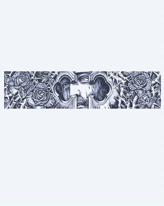 Tatuaje semi-permanente Cruz, Rosas y Ojos diseño de INKON – ilustración de brazalete, gótico, cruz, revelando, ojos, 2 x 9 in (5x23cm), disponible en inkon.co