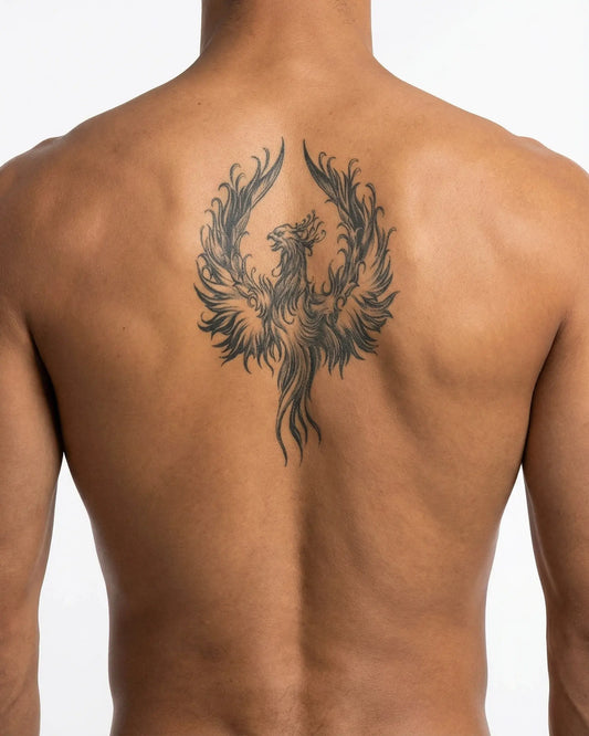 INKON Fénix Renaciente 2 tatuaje semi-permanente aplicado en un hombre – diseño de 4 x 8 in (11x21cm), apariencia de tinta realista, dura 10 días