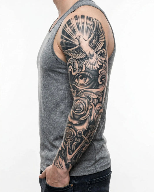 INKON Paloma, Ojo y Ancla tatuaje semi-permanente aplicado en un hombre – diseño de 8 x 20 in (20x50cm), apariencia de tinta realista, dura 10 días