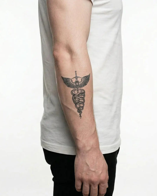 INKON Caduceo Serpientes y Espada tatuaje semi-permanente aplicado en un hombre – diseño de 3 x 4 in (7x10cm), apariencia de tinta realista, dura 10 días