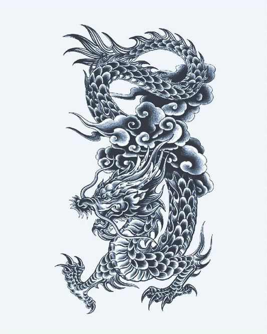 Tatuaje semi-permanente Dragón Tradicional diseño de INKON – ilustración de majestuoso, asiático, dragón, escamas, fluido, 4 x 8 in (11x21cm), disponible en inkon.co