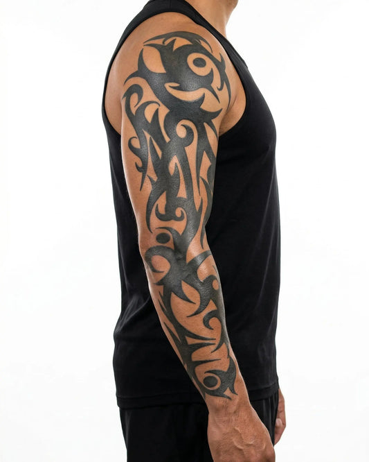 INKON Enredadera Tribal Abstracta tatuaje semi-permanente aplicado en un hombre – diseño de 8 x 20 in (20x50cm), apariencia de tinta realista, dura 10 días