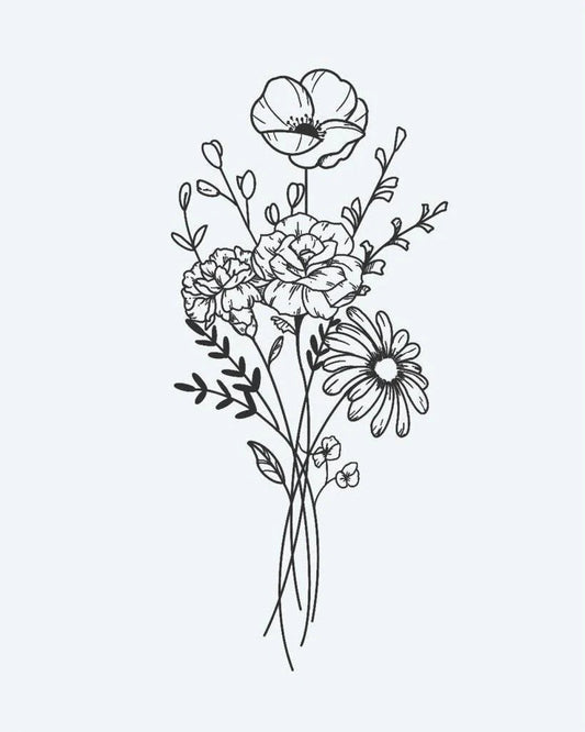 Tatuaje semi-permanente Ramo de Flores Silvestres diseño de INKON – ilustración de delicado, fino, línea, atado, flor silvestre, 3 x 4 in (6x11cm), disponible en inkon.co