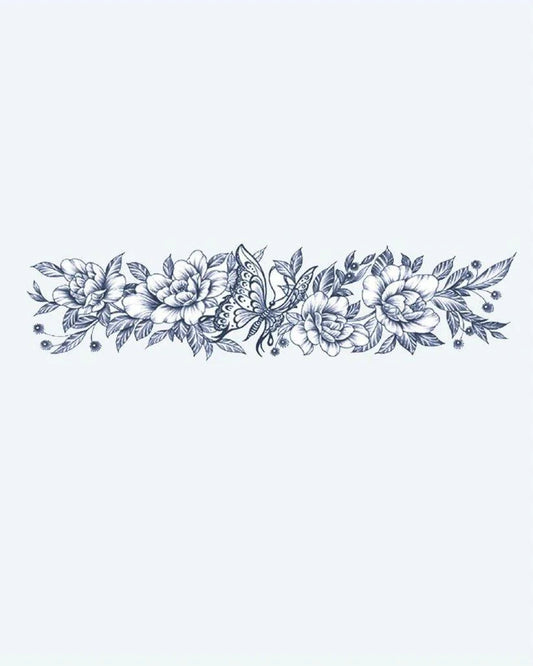 Tatuaje semi-permanente Brazalete de Mariposa y Peonía diseño de INKON – ilustración de delicado, floral, brazalete, peonías, flores silvestres, 2 x 9 in (5x23cm), disponible en inkon.co