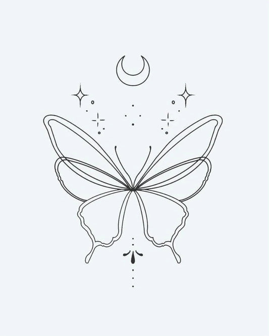 Tatuaje semi-permanente Mariposa Celestial diseño de INKON – ilustración de grácil, mariposa, luna creciente, luna, estrellas, 2 x 2 in (5x5cm), disponible en inkon.co