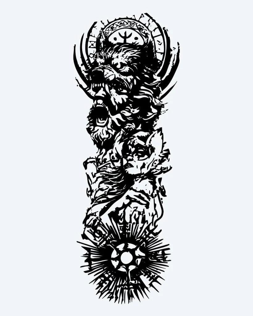 Tatuaje semi-permanente Manga de Guerrero Vikingo diseño de INKON – ilustración de épico, nórdico, completo, manga, vikingo, 8 x 20 in (20x50cm), disponible en inkon.co
