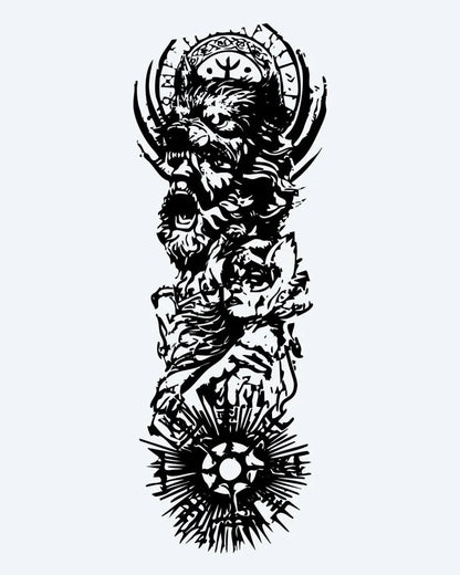 Tatuaje semi-permanente Manga de Guerrero Vikingo diseño de INKON – ilustración de épico, nórdico, completo, manga, vikingo, 8 x 20 in (20x50cm), disponible en inkon.co
