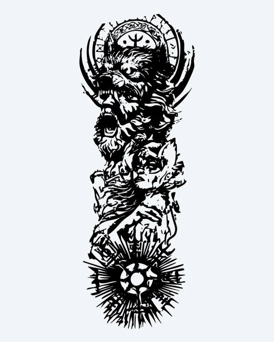 Tatuaje semi-permanente Manga de Guerrero Vikingo diseño de INKON – ilustración de épico, nórdico, completo, manga, vikingo, 8 x 20 in (20x50cm), disponible en inkon.co
