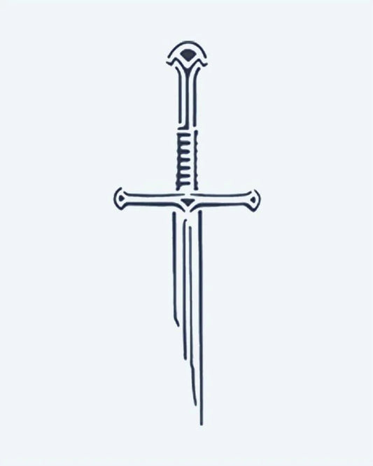 Tatuaje semi-permanente Espada Medieval diseño de INKON – ilustración de medieval, espada larga, guardamano, envuelto, agarre, 2 x 2 in (5x5cm), disponible en inkon.co