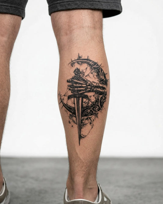 INKON Mano de Esqueleto y Daga tatuaje semi-permanente aplicado en un hombre – diseño de 4 x 7 in (10x17cm), apariencia de tinta realista, dura 10 días