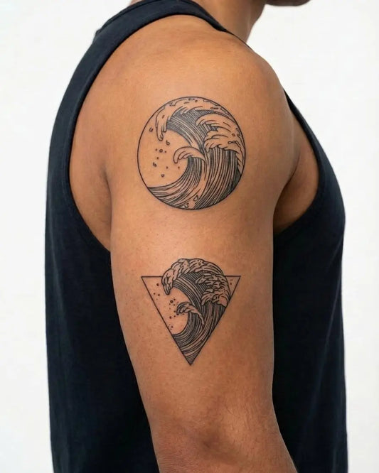 INKON Olas del Océano tatuaje semi-permanente aplicado en un hombre – diseño de 4 x 7 in (10x17cm), apariencia de tinta realista, dura 10 días