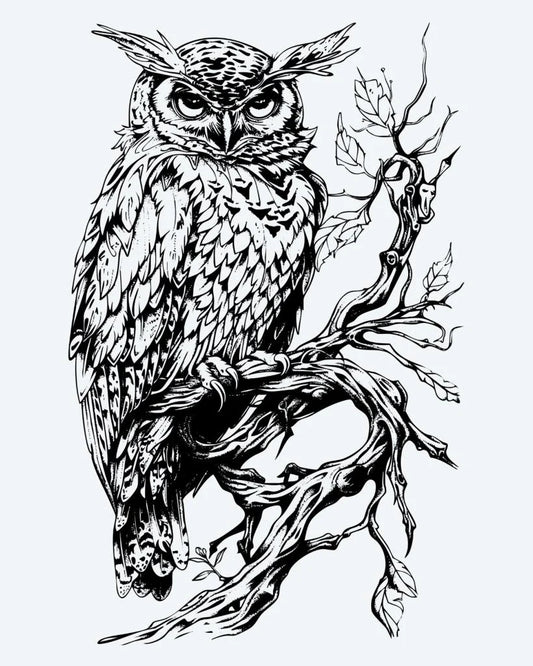 Tatuaje semi-permanente Búho en la Rama diseño de INKON – ilustración de altamente, posado, nudoso, árbol, rama, 4 x 7 in (10x17cm), disponible en inkon.co