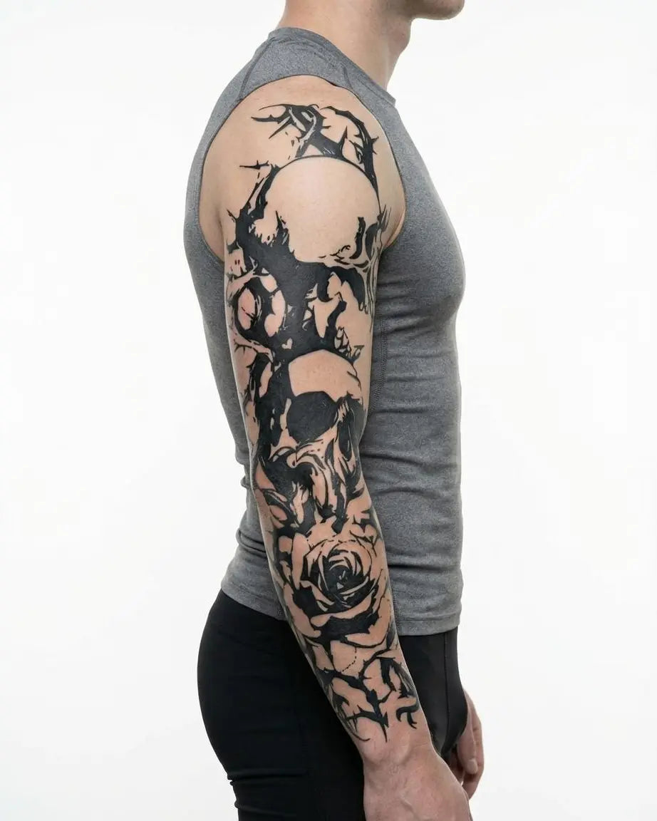 INKON Manga de Calaveras y Rosas tatuaje semi-permanente aplicado en un hombre – diseño de 8 x 20 in (20x50cm), apariencia de tinta realista, dura 10 días