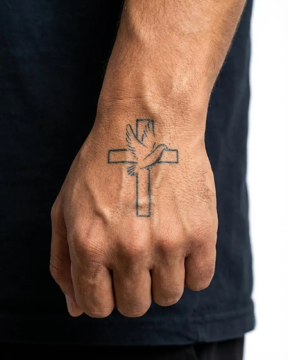 INKON Cruz y Paloma tatuaje semi-permanente aplicado en un hombre – diseño de 2 x 2 in (5x5cm), apariencia de tinta realista, dura 10 días