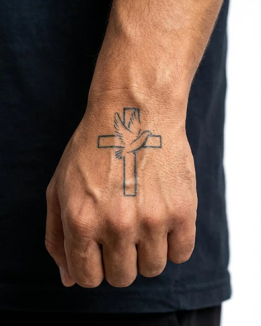 INKON Cruz y Paloma tatuaje semi-permanente aplicado en un hombre – diseño de 2 x 2 in (5x5cm), apariencia de tinta realista, dura 10 días
