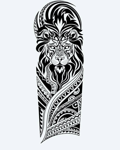 Tatuaje semi-permanente León Tribal diseño de INKON – ilustración de majestuoso, tribal, león, mezclando, rostro, 8 x 20 in (20x50cm), disponible en inkon.co