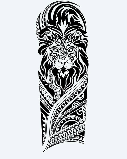 Tatuaje semi-permanente León Tribal diseño de INKON – ilustración de majestuoso, tribal, león, mezclando, rostro, 8 x 20 in (20x50cm), disponible en inkon.co