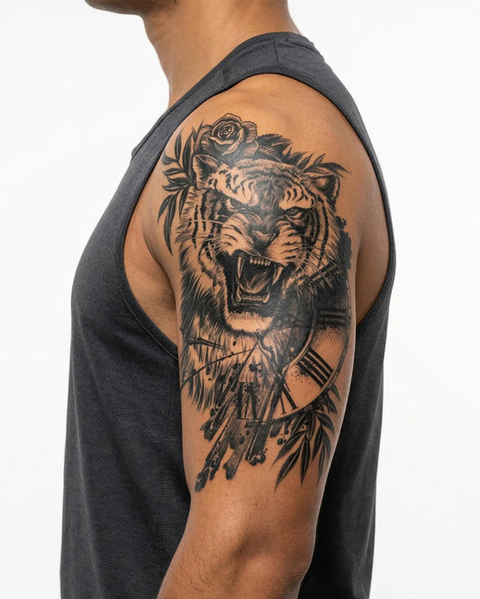INKON Tigre y Reloj tatuaje semi-permanente aplicado en un hombre – diseño de 4 x 8 in (11x21cm), apariencia de tinta realista, dura 10 días