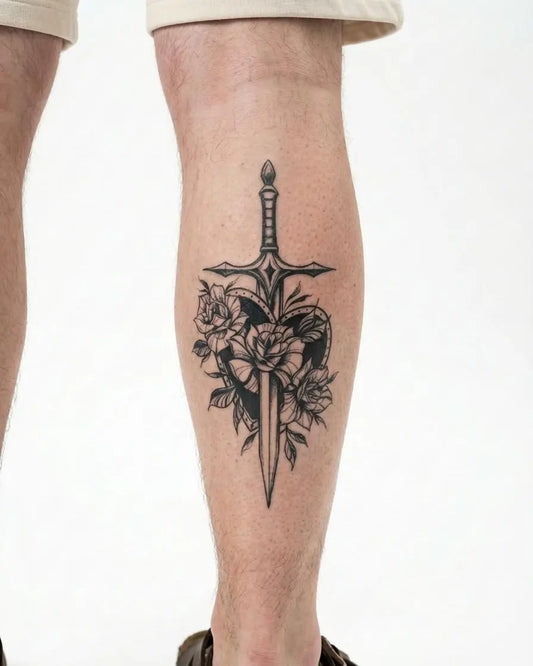 INKON Escudo de Espada y Rosas tatuaje semi-permanente aplicado en un hombre – diseño de 4 x 7 in (10x17cm), apariencia de tinta realista, dura 10 días