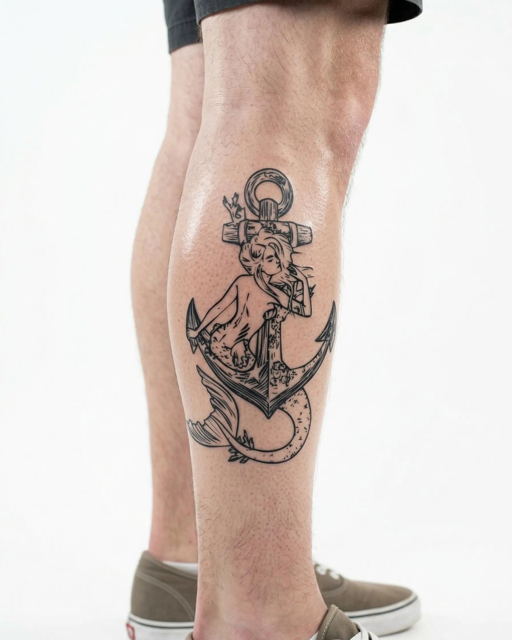 INKON Sirena y Ancla tatuaje semi-permanente aplicado en un hombre – diseño de 4 x 7 in (10x17cm), apariencia de tinta realista, dura 10 días