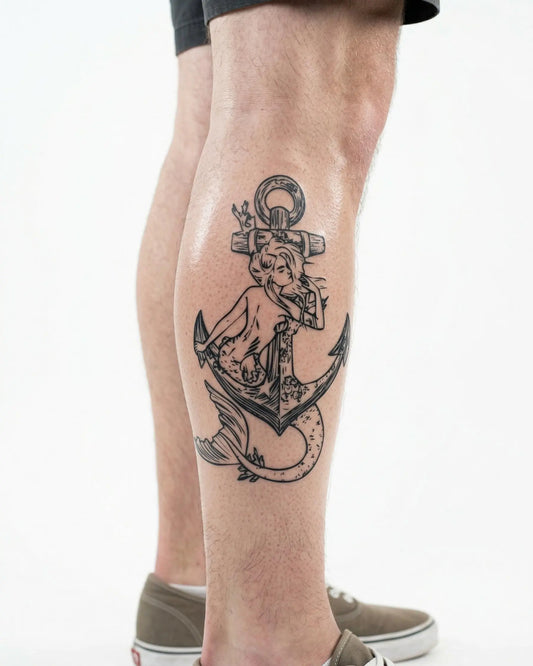 INKON Sirena y Ancla tatuaje semi-permanente aplicado en un hombre – diseño de 4 x 7 in (10x17cm), apariencia de tinta realista, dura 10 días