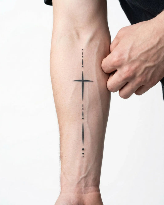 INKON Cruz Minimalista con Puntos tatuaje semi-permanente aplicado en un hombre – diseño de 4 x 7 in (10x17cm), apariencia de tinta realista, dura 10 días