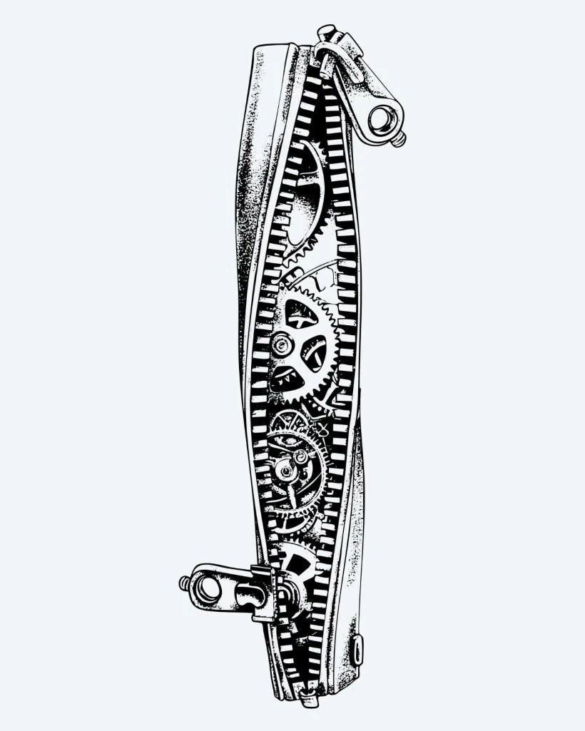 Tatuaje semi-permanente Brazalete de Engranes Steampunk diseño de INKON – ilustración de steampunk, mecánico, engranajes, engranajes, horizontal, 4 x 8 in (11x21cm), disponible en inkon.co