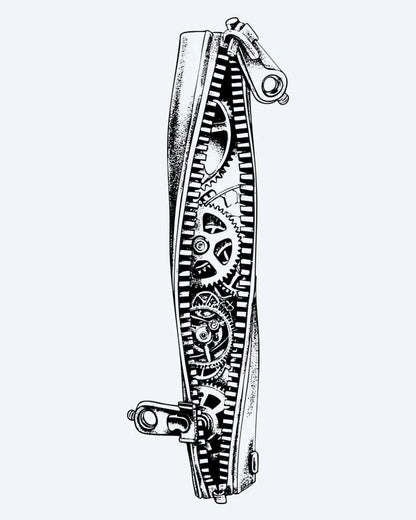 Tatuaje semi-permanente Brazalete de Engranes Steampunk diseño de INKON – ilustración de steampunk, mecánico, engranajes, engranajes, horizontal, 4 x 8 in (11x21cm), disponible en inkon.co