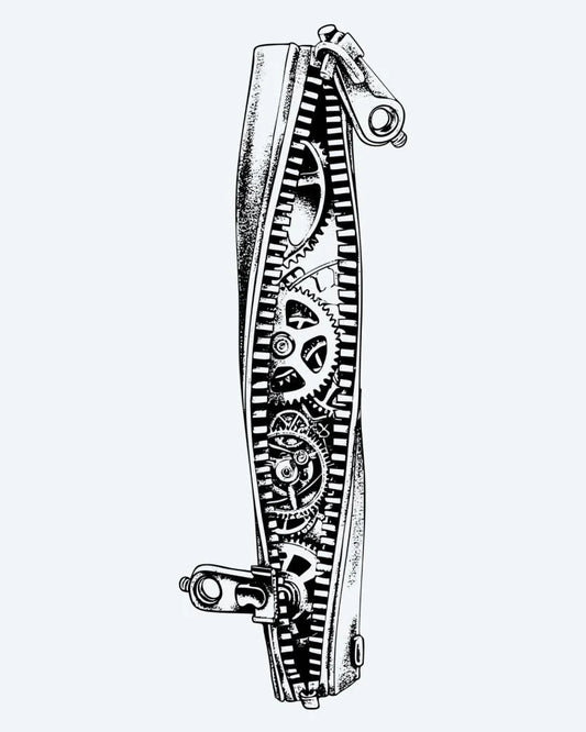 Tatuaje semi-permanente Brazalete de Engranes Steampunk diseño de INKON – ilustración de steampunk, mecánico, engranajes, engranajes, horizontal, 4 x 8 in (11x21cm), disponible en inkon.co