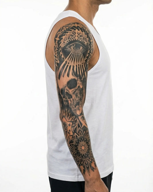 INKON Calavera, Ojo que Todo lo Ve y Mandala tatuaje semi-permanente aplicado en un hombre – diseño de 8 x 20 in (20x50cm), apariencia de tinta realista, dura 10 días