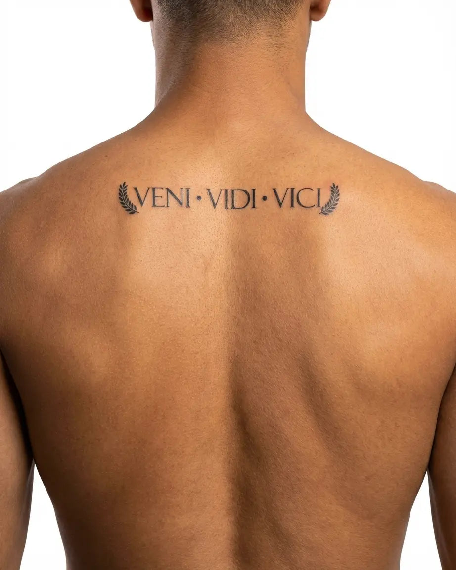 INKON Veni Vidi Vici tatuaje semi-permanente aplicado en un hombre – diseño de 4 x 7 in (10x17cm), apariencia de tinta realista, dura 10 días