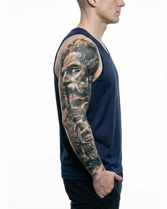 INKON Poseidón y Barco en la Tormenta tatuaje semi-permanente aplicado en un hombre – diseño de 8 x 20 in (20x50cm), apariencia de tinta realista, dura 10 días
