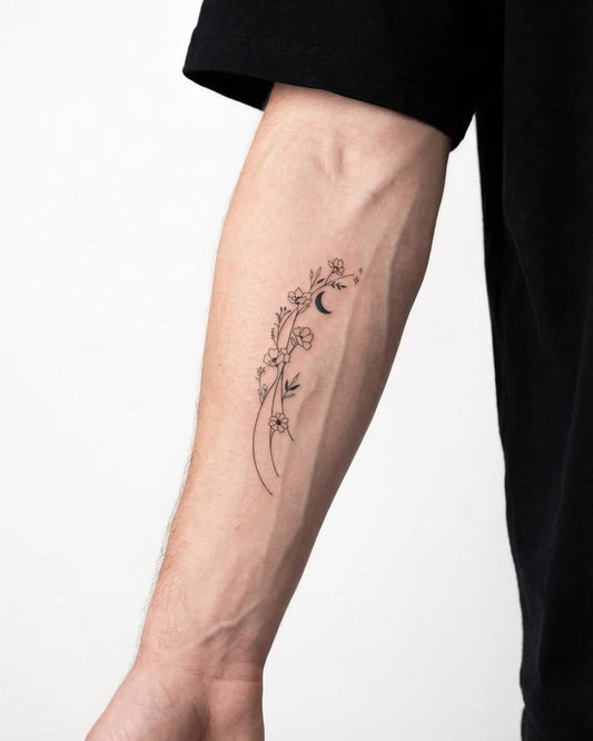 INKON Enredadera Floral y Luna tatuaje semi-permanente aplicado en un hombre – diseño de 3 x 4 in (6x11cm), apariencia de tinta realista, dura 10 días