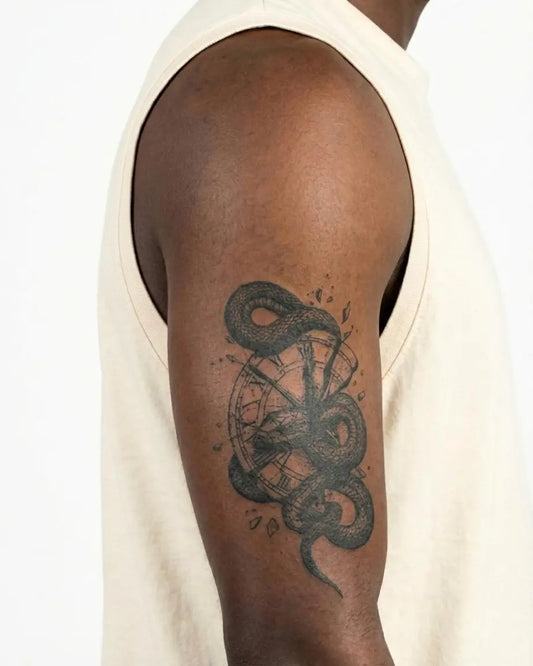 INKON Serpiente y Reloj Roto tatuaje semi-permanente aplicado en un hombre – diseño de 4 x 7 in (10x17cm), apariencia de tinta realista, dura 10 días