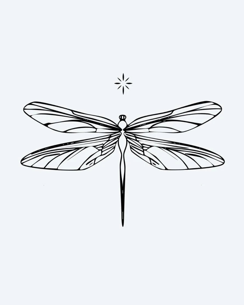 Tatuaje semi-permanente Libélula diseño de INKON – ilustración de libélula, ala, patrones, pequeño, estrella, 2 x 2 in (5x5cm), disponible en inkon.co