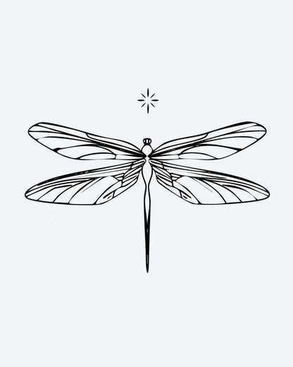 Tatuaje semi-permanente Libélula diseño de INKON – ilustración de libélula, ala, patrones, pequeño, estrella, 2 x 2 in (5x5cm), disponible en inkon.co