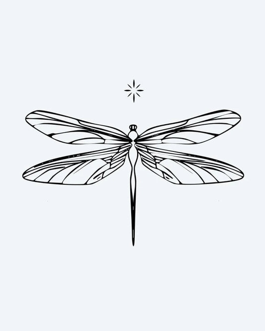 Tatuaje semi-permanente Libélula diseño de INKON – ilustración de libélula, ala, patrones, pequeño, estrella, 2 x 2 in (5x5cm), disponible en inkon.co
