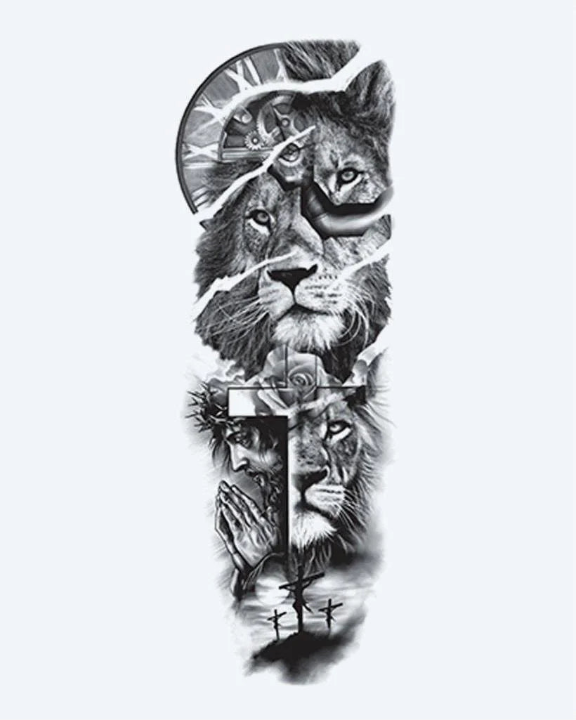 Tatuaje semi-permanente León, Cruz y Manos en Oración diseño de INKON – ilustración de fe, completo, manga, leones, cruz, 8 x 20 in (20x50cm), disponible en inkon.co