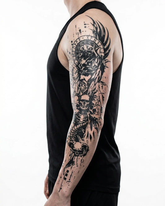 INKON Ángel Oscuro y Tótem de Calaveras tatuaje semi-permanente aplicado en un hombre – diseño de 8 x 20 in (20x50cm), apariencia de tinta realista, dura 10 días