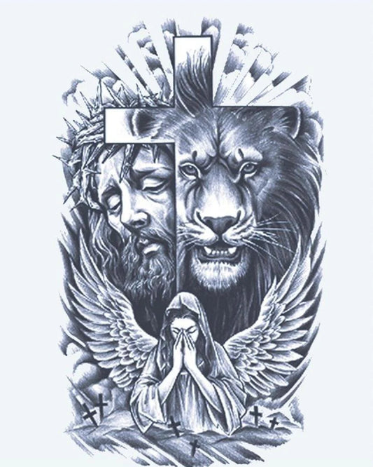 Tatuaje semi-permanente Fe: León, Cruz y Ángel diseño de INKON – ilustración de dividido, composición, espiritual, figura, león, 4 x 7 in (10x17cm), disponible en inkon.co