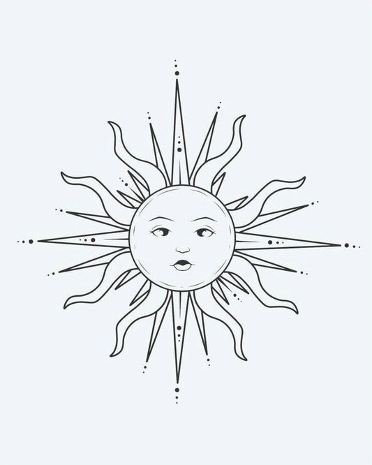Tatuaje semi-permanente Rostro del Sol Celestial 2 diseño de INKON – ilustración de ornamentado, sereno, humano, rostro, ondulado, 2 x 2 in (5x5cm), disponible en inkon.co