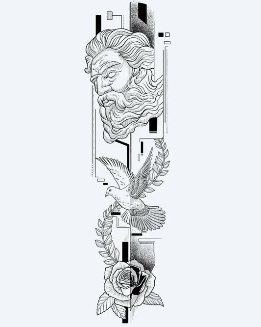 Tatuaje semi-permanente Dios Griego, Paloma y Rosa diseño de INKON – ilustración de neoclásico, combinando, griego, busto, surcando, 8 x 20 in (20x50cm), disponible en inkon.co