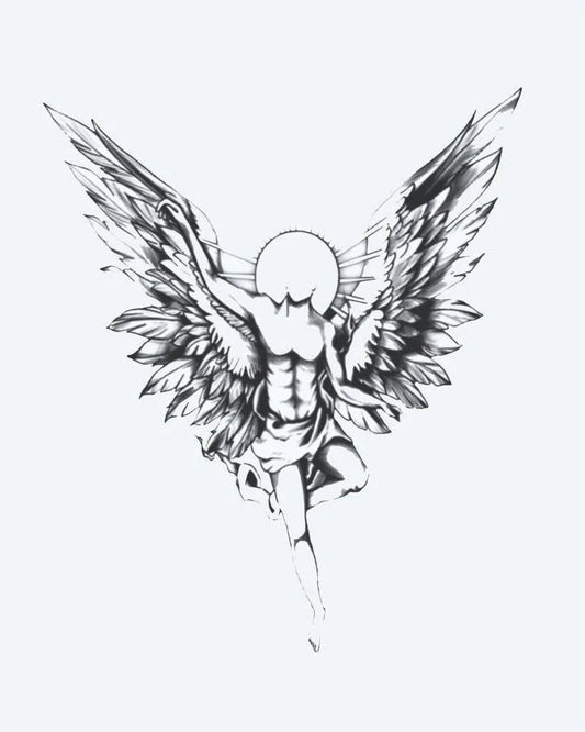 Tatuaje semi-permanente Ángel Guardián diseño de INKON – ilustración de majestuoso, guardián, ángel, extendido, alas, 4 x 8 in (11x21cm), disponible en inkon.co