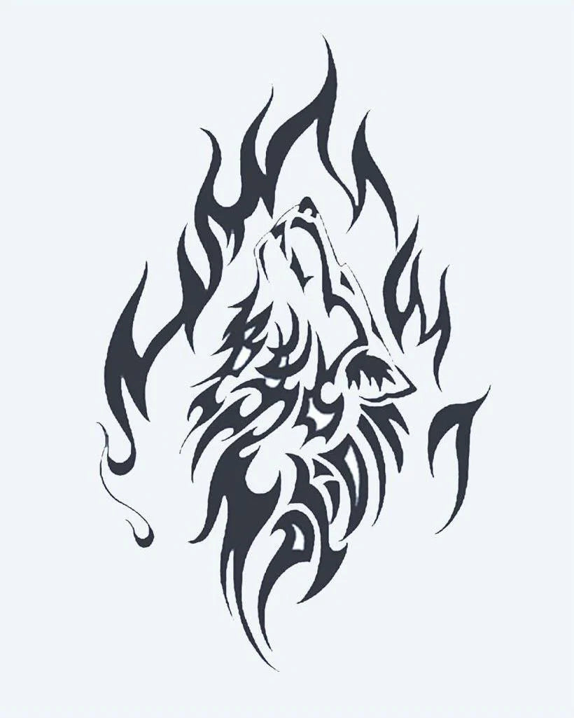Tatuaje semi-permanente Lobo Aullando Tribal diseño de INKON – ilustración de aullando, lobo, cabeza, compuesto, tribal, 4 x 7 in (10x17cm), disponible en inkon.co