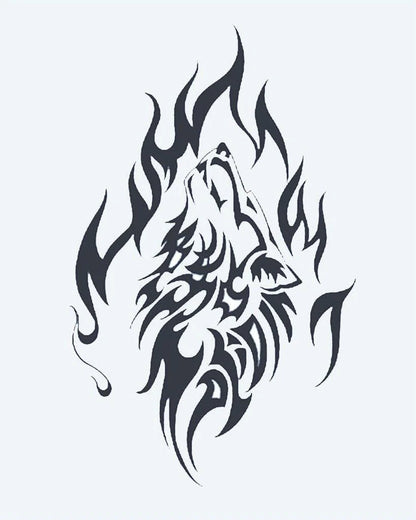 Tatuaje semi-permanente Lobo Aullando Tribal diseño de INKON – ilustración de aullando, lobo, cabeza, compuesto, tribal, 4 x 7 in (10x17cm), disponible en inkon.co