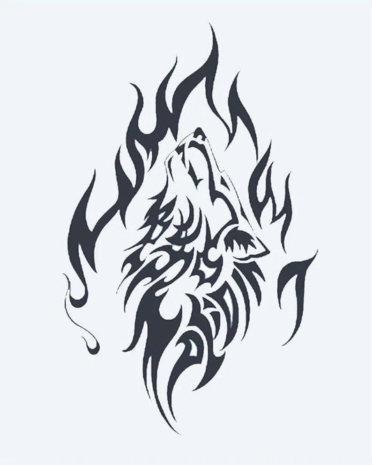 Tatuaje semi-permanente Lobo Aullando Tribal diseño de INKON – ilustración de aullando, lobo, cabeza, compuesto, tribal, 4 x 7 in (10x17cm), disponible en inkon.co